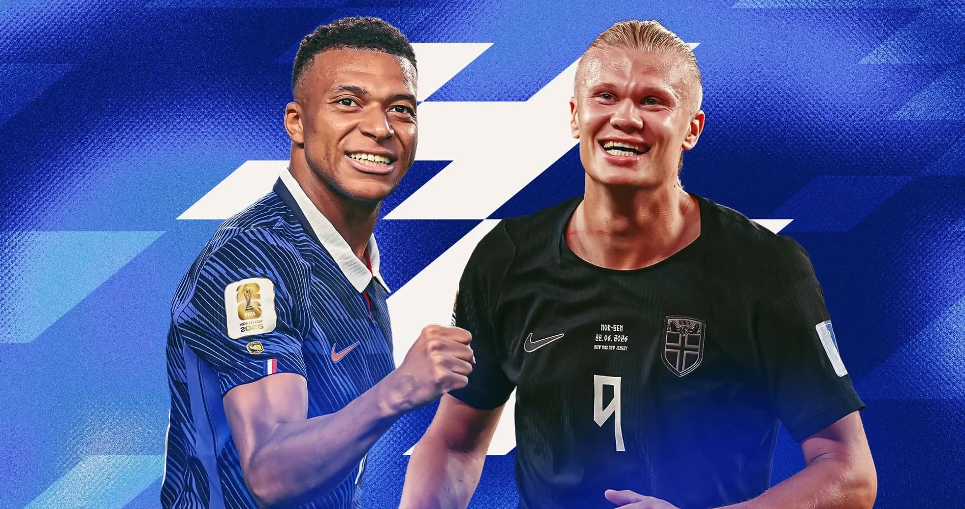 Kylian Mbappé y Erling Haaland en fondo azul