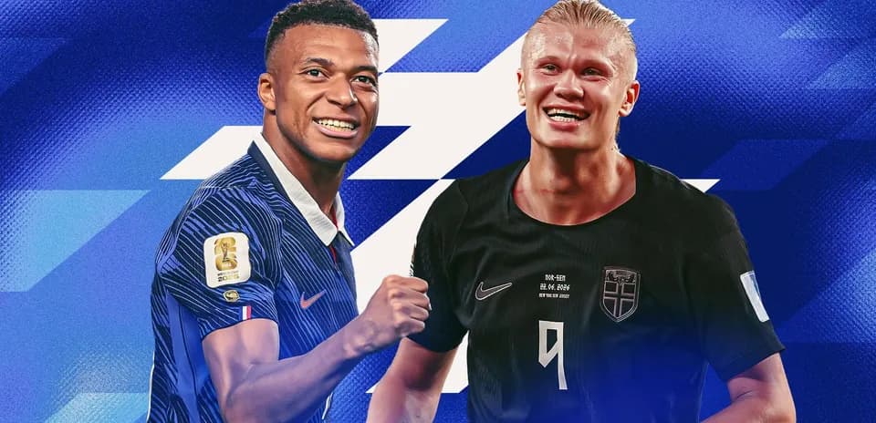 Kylian Mbappé y Erling Haaland en fondo azul