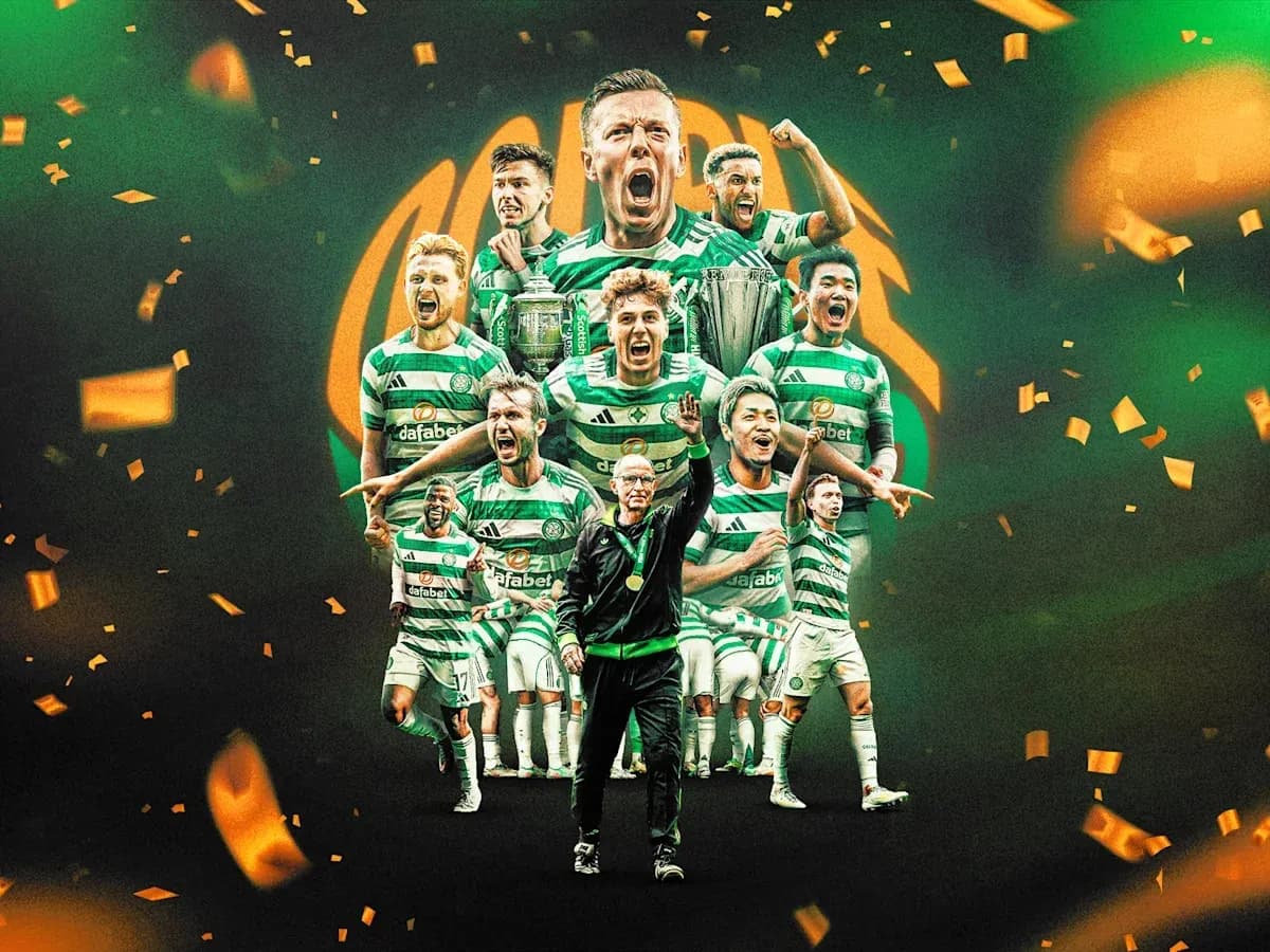 Jugadores de Celtic celebrando con trofeo en fondo festivo