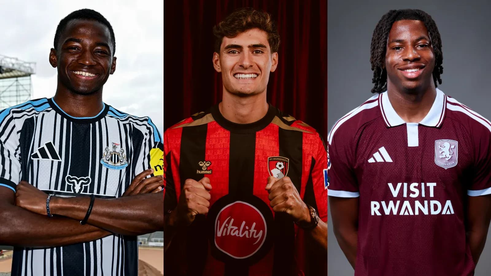Tres jugadores de fútbol en camisetas de clubes