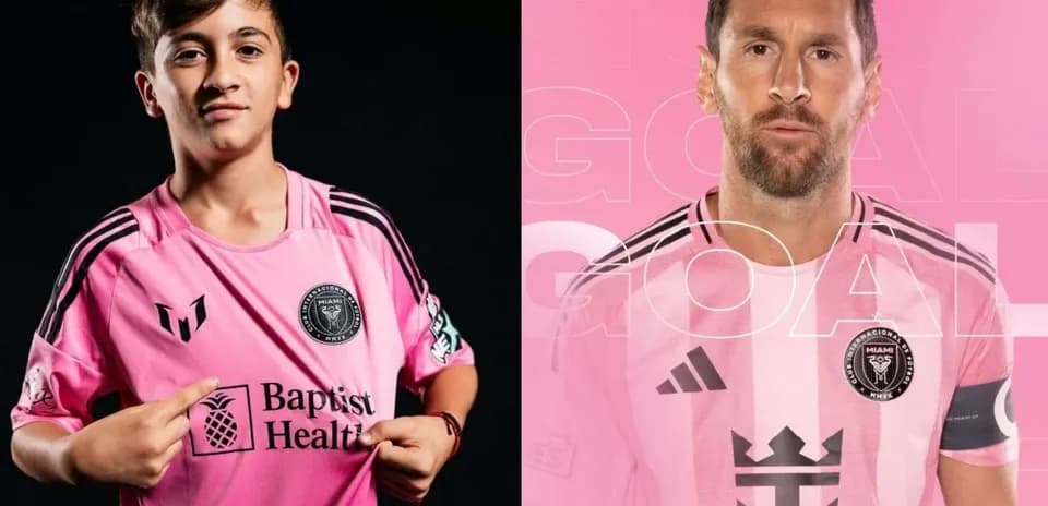 Niño y jugador en camisetas de Inter Miami