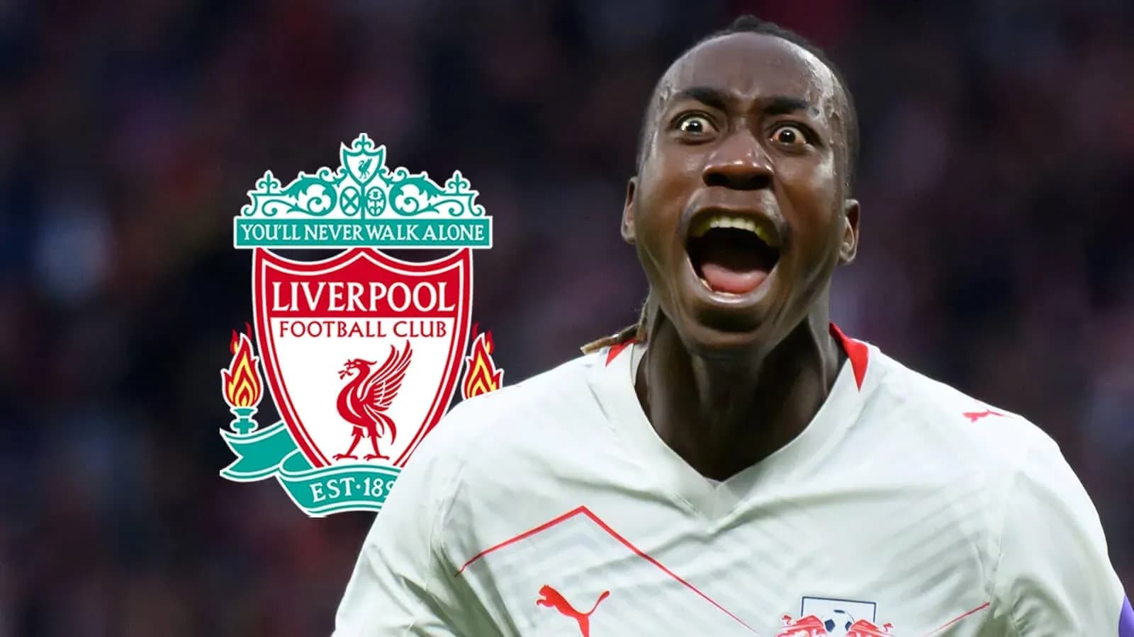 Jugador celebrando con el escudo de Liverpool al fondo