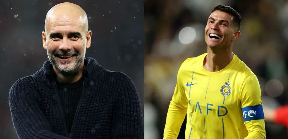 Pep Guardiola y Cristiano Ronaldo sonriendo en el campo