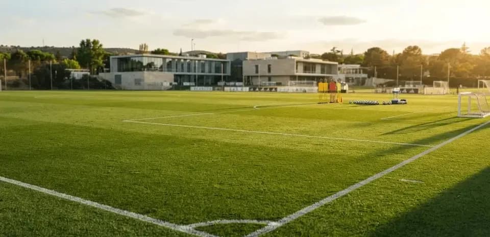 Campo de entrenamiento con conos y balones preparados
