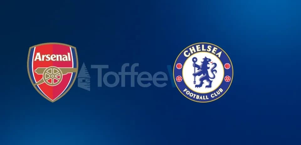 Logos de Arsenal y Chelsea sobre fondo azul