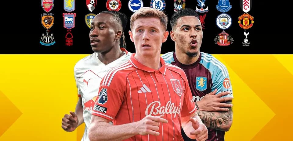 Jugadores de fútbol en primer plano con escudos de equipos