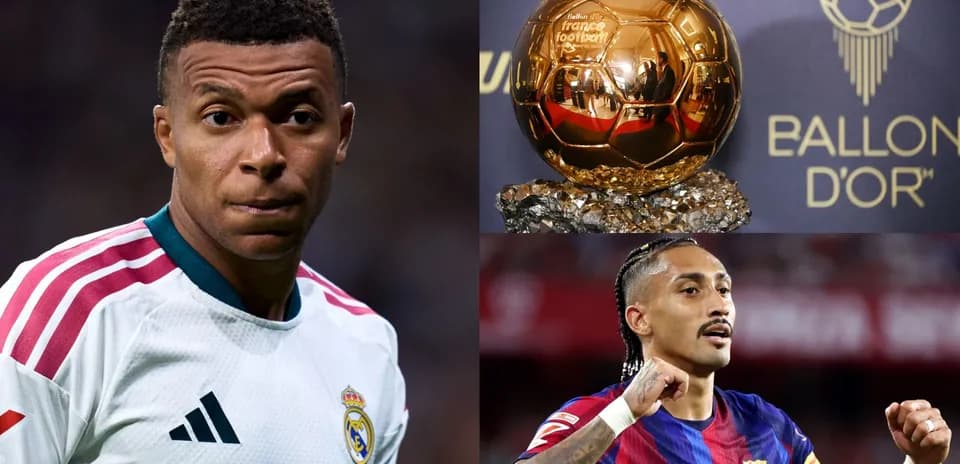 Kylian Mbappé and player celebrating near Ballon d'Or