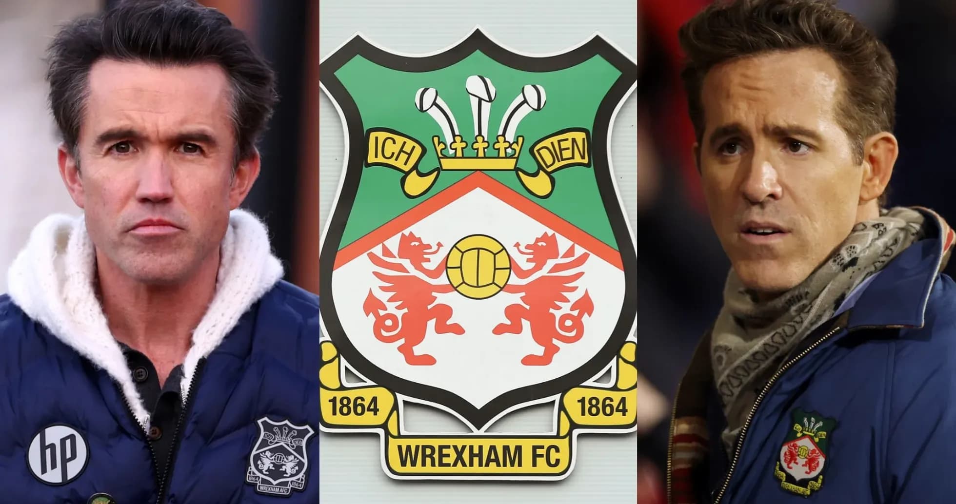 Logotipo de Wrexham FC flanqueado por dos personas