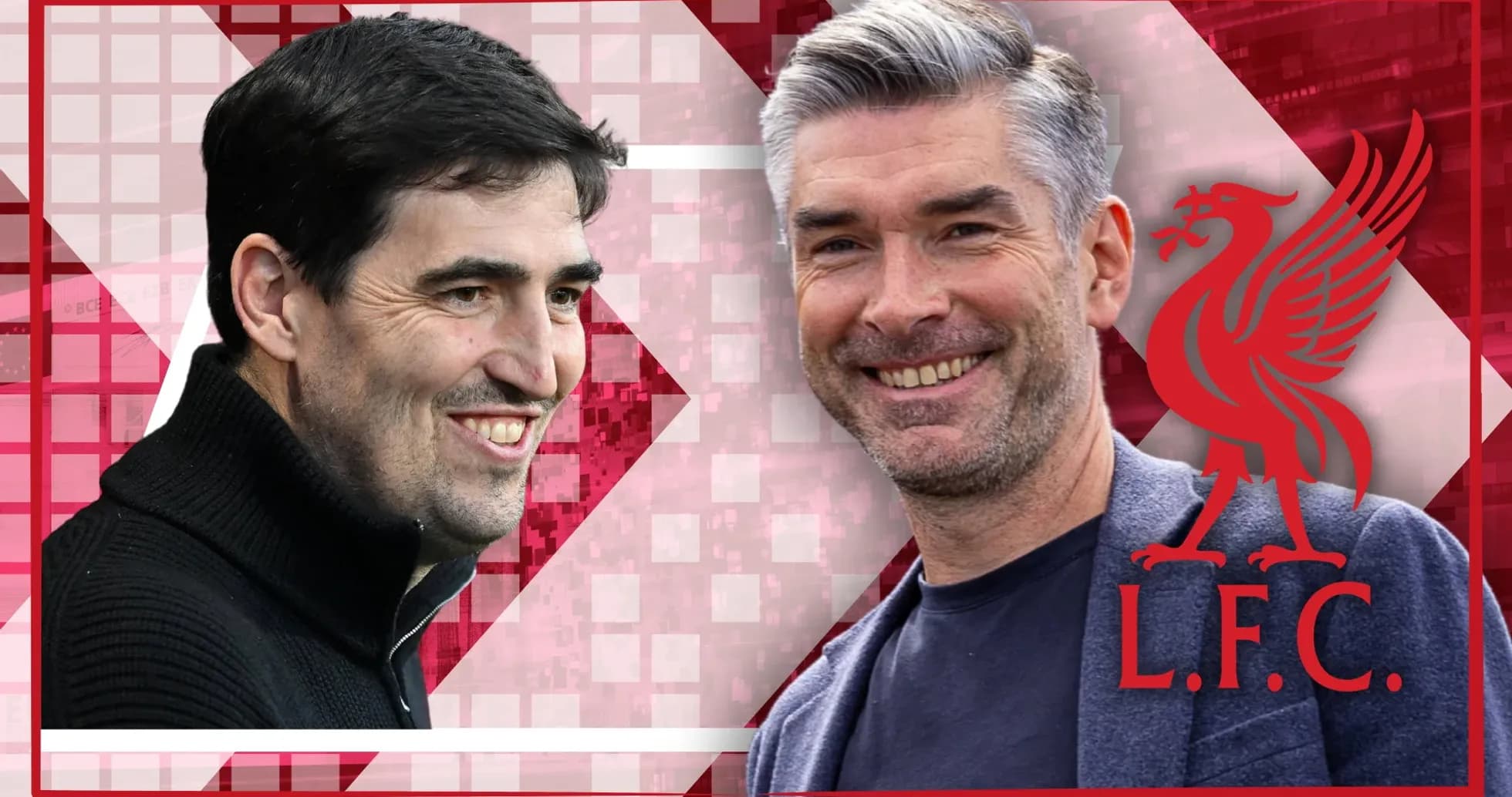 Dos entrenadores sonriendo en fondo de Liverpool