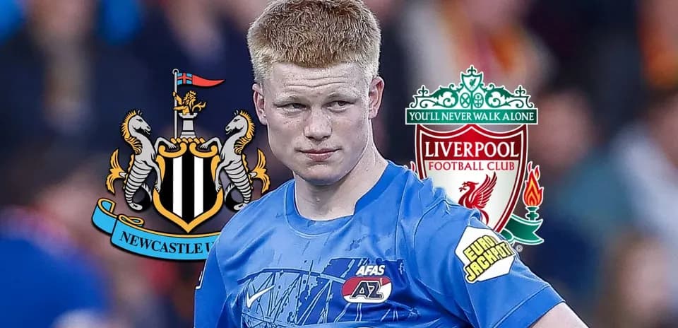 Jugador de fútbol con logos de Newcastle y Liverpool