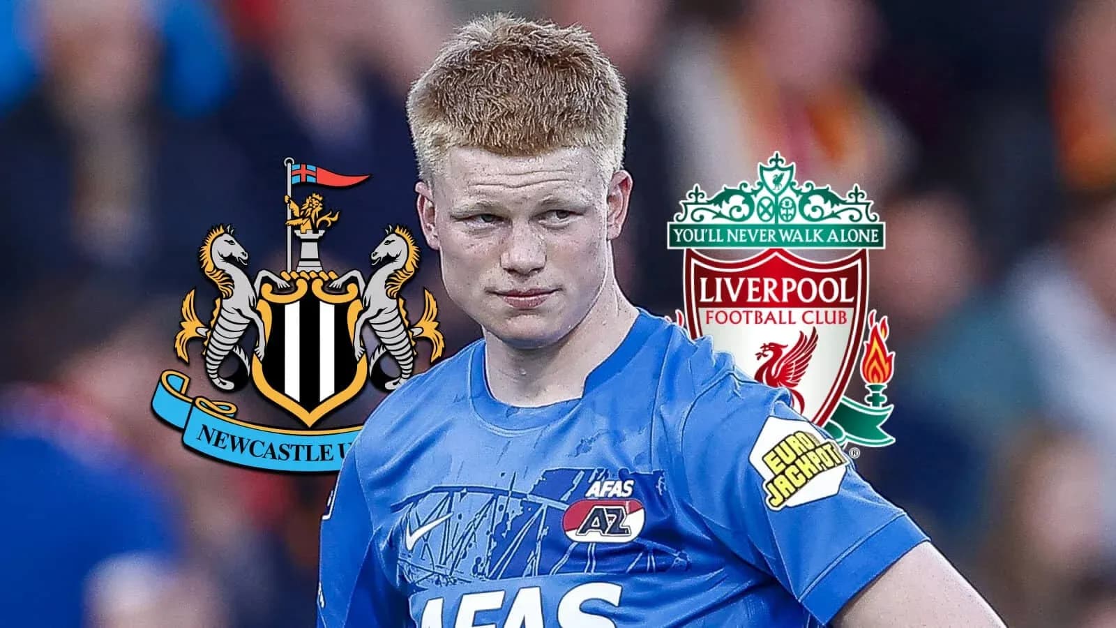 Jugador de fútbol con logos de Newcastle y Liverpool