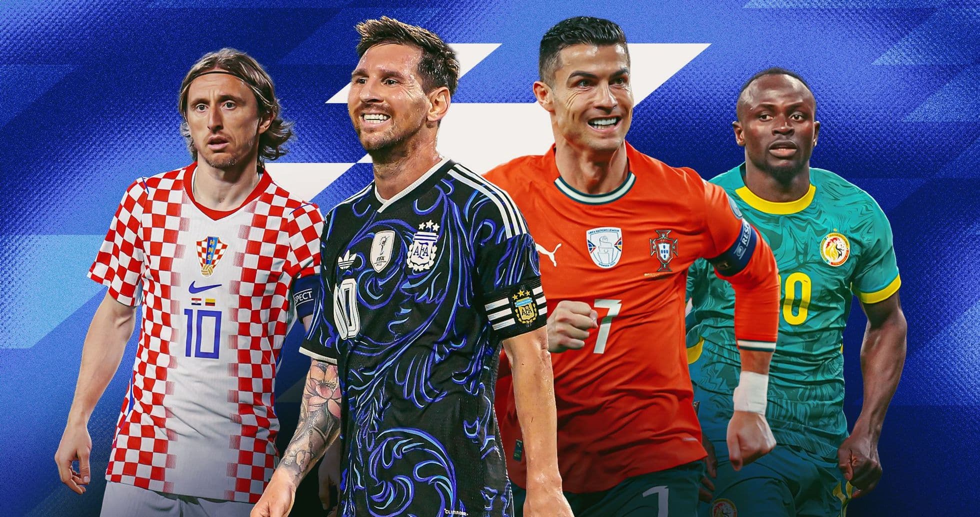 Cuatro futbolistas destacados en un fondo colorido