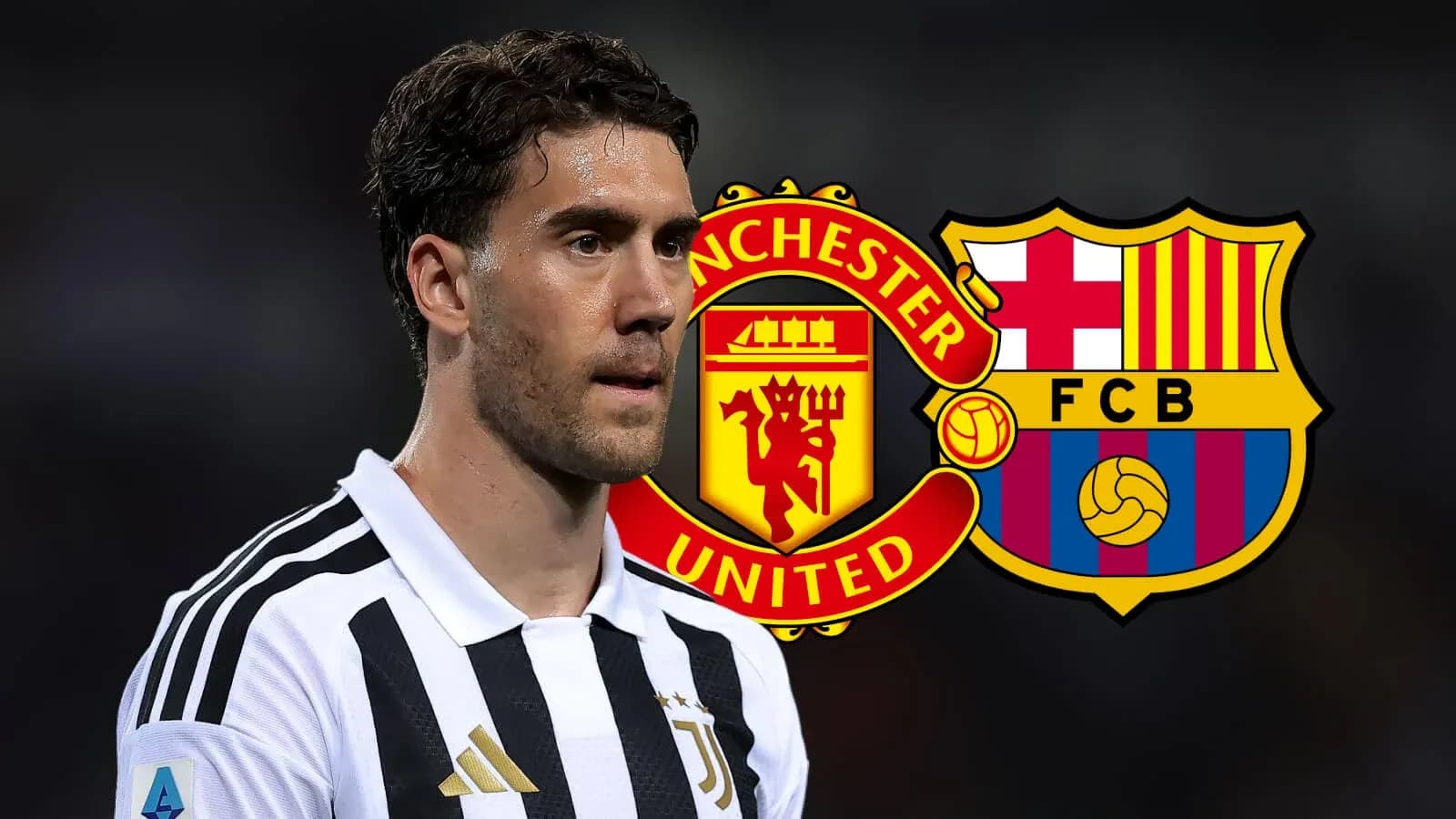 Jugador de Juventus con escudos de Manchester United y Barcelona