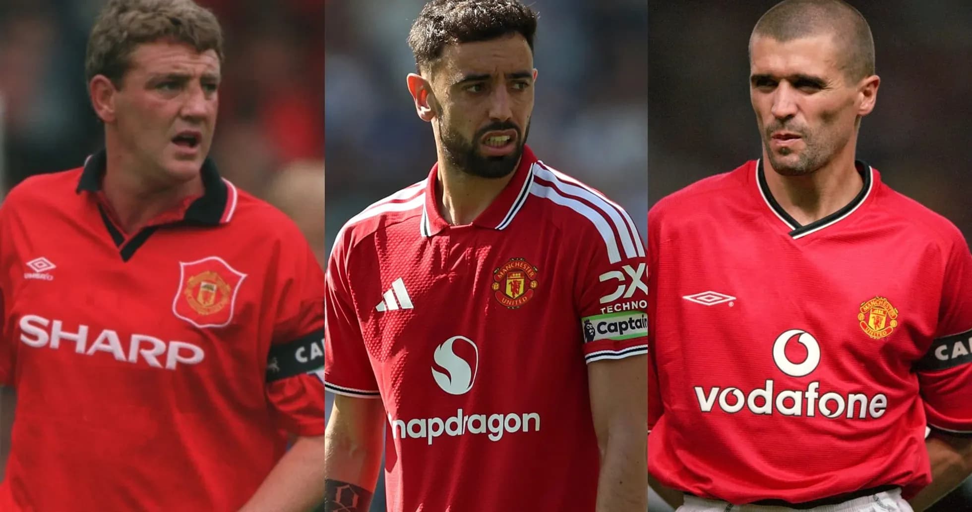 Tres jugadores de Manchester United en uniforme rojo
