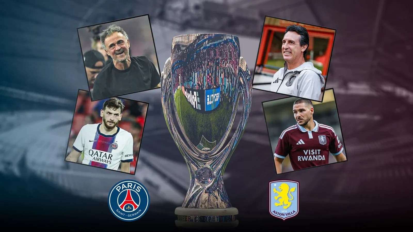 Entrenadores y jugadores de PSG y Aston Villa con trofeo
