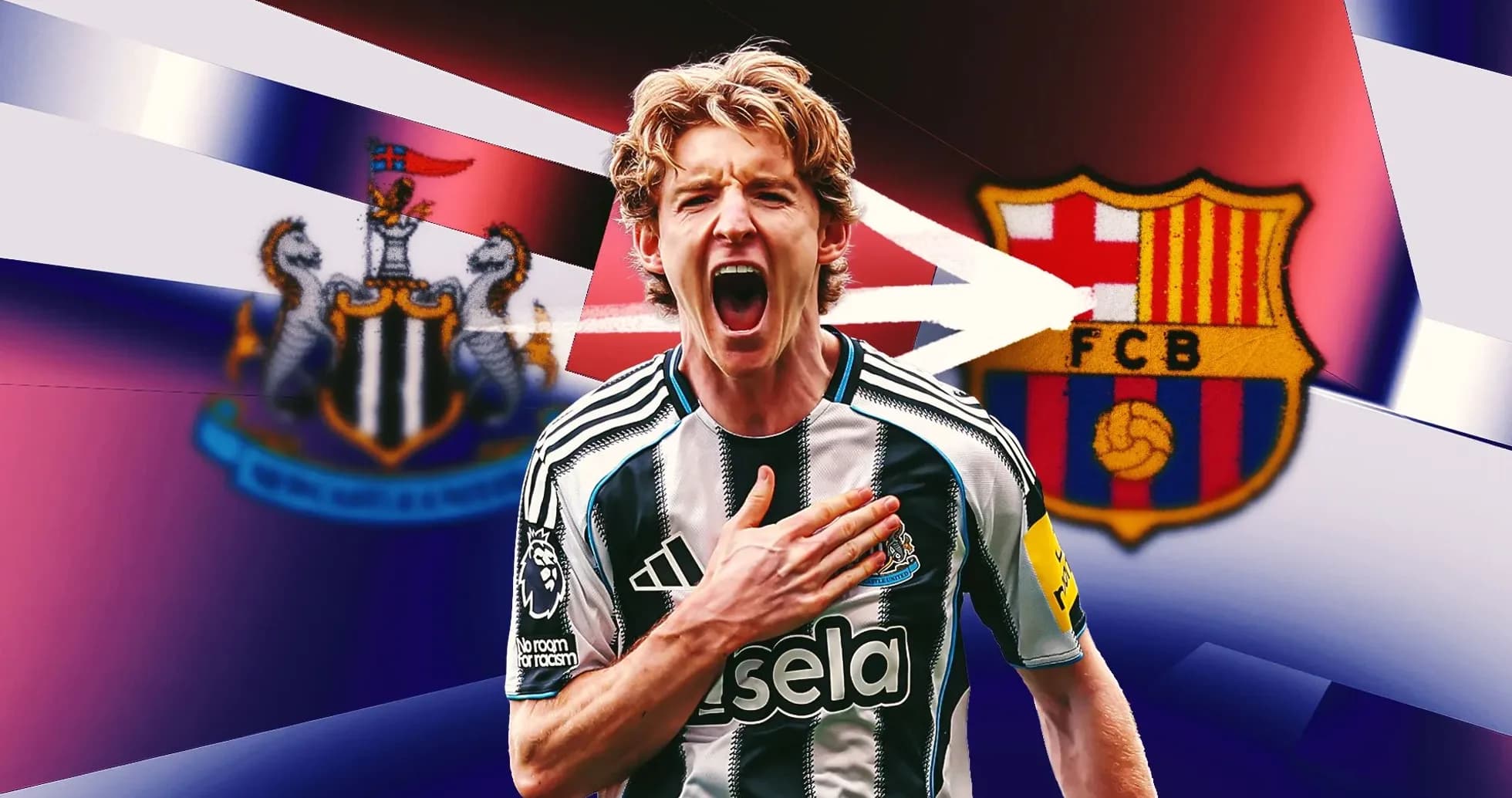 Jugador de Newcastle celebrando con escudos de equipos