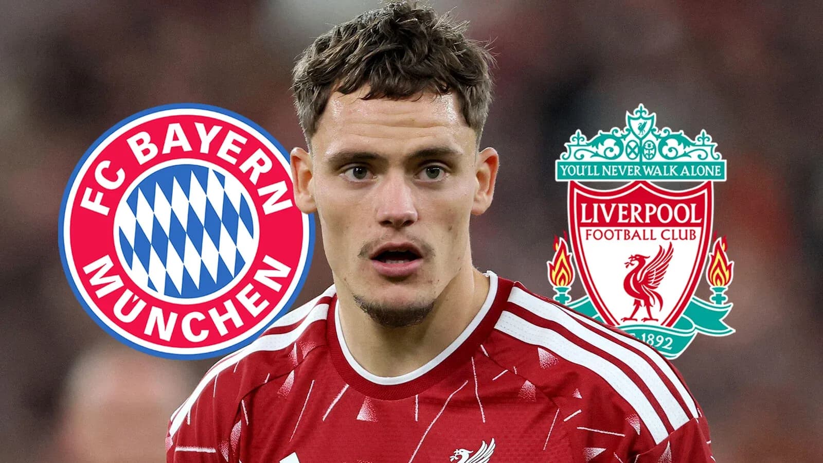 Jugador de Liverpool con logos de Bayern y Liverpool
