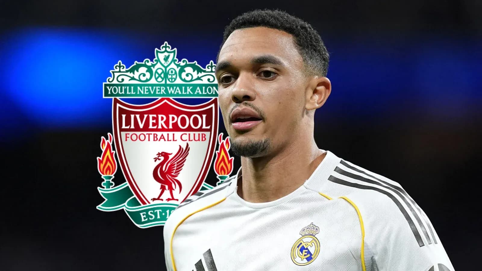 Jugador con camiseta de Real Madrid y escudo de Liverpool