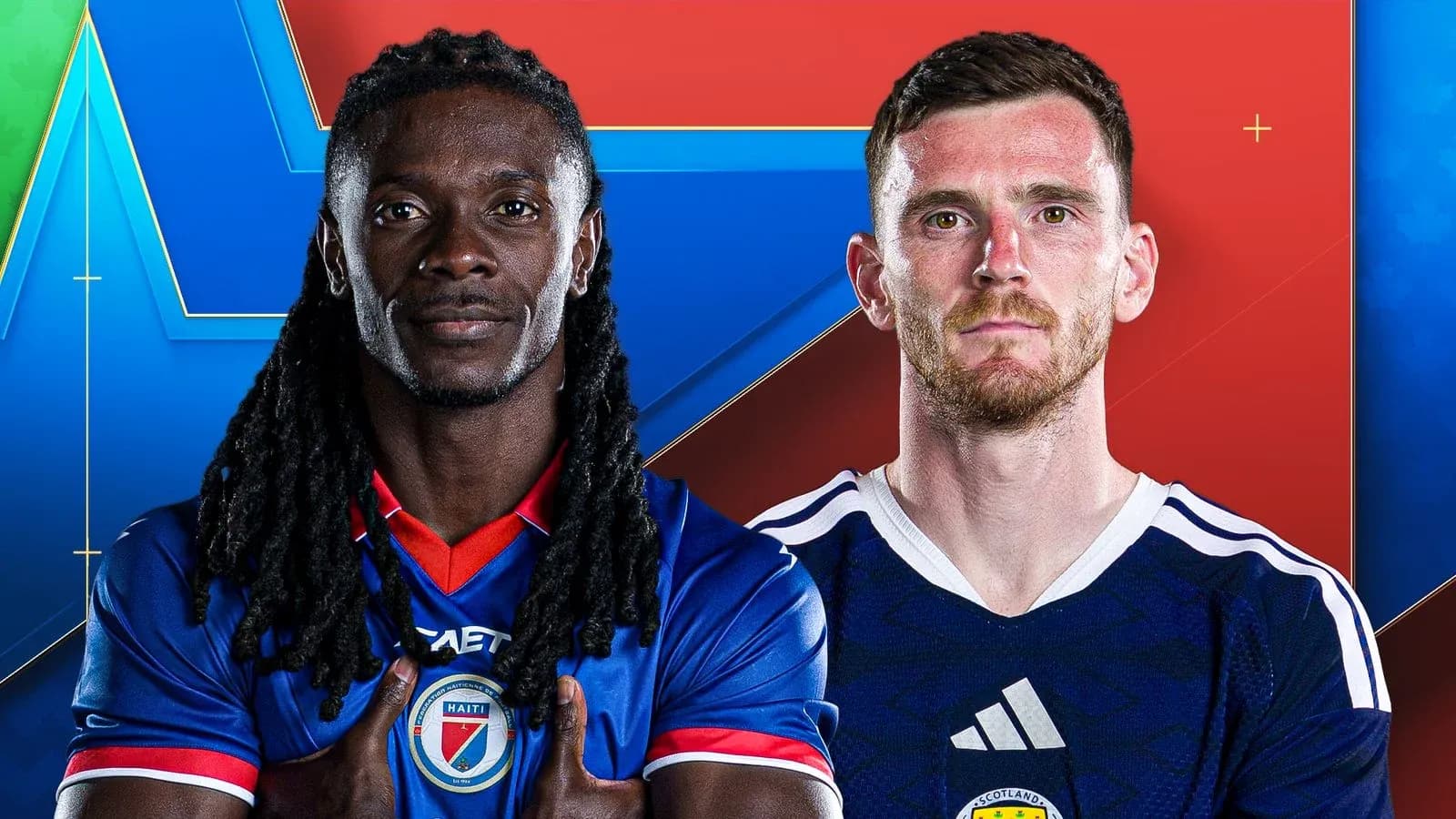 Jugadores de Haití y Escocia en el Mundial