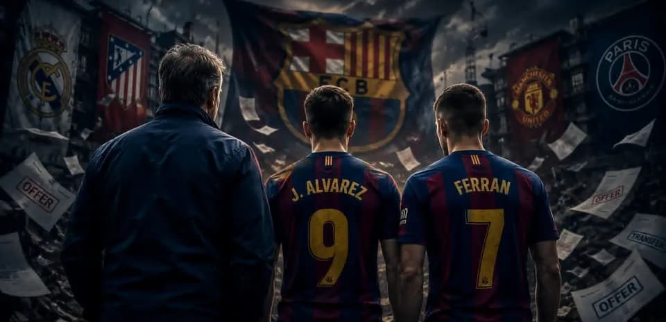 Jugadores de Barcelona frente a banderas de rivales