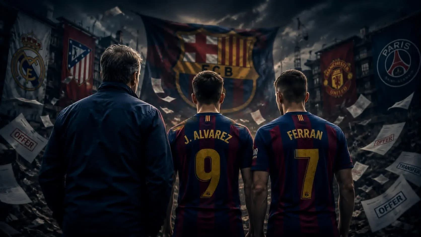 Jugadores de Barcelona frente a banderas de rivales