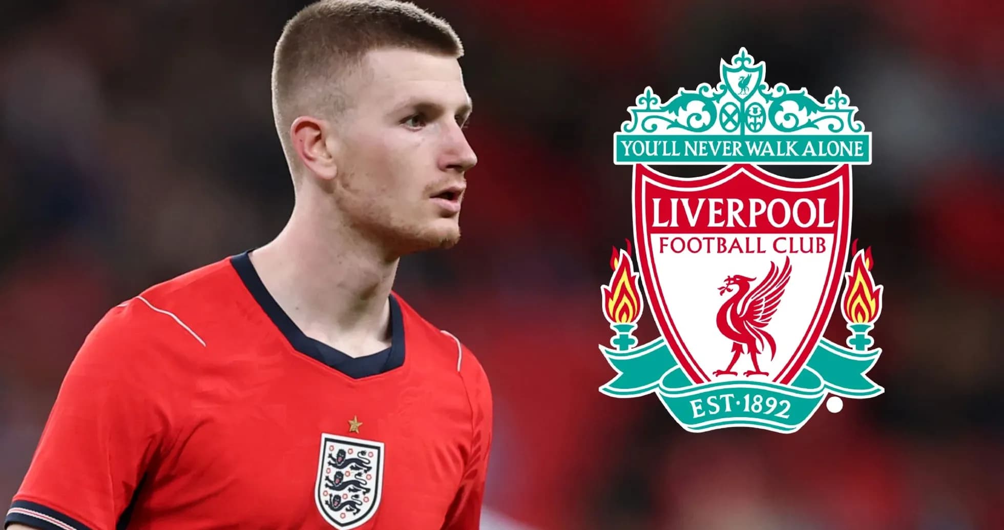 Jugador con camiseta de Inglaterra junto al logo de Liverpool