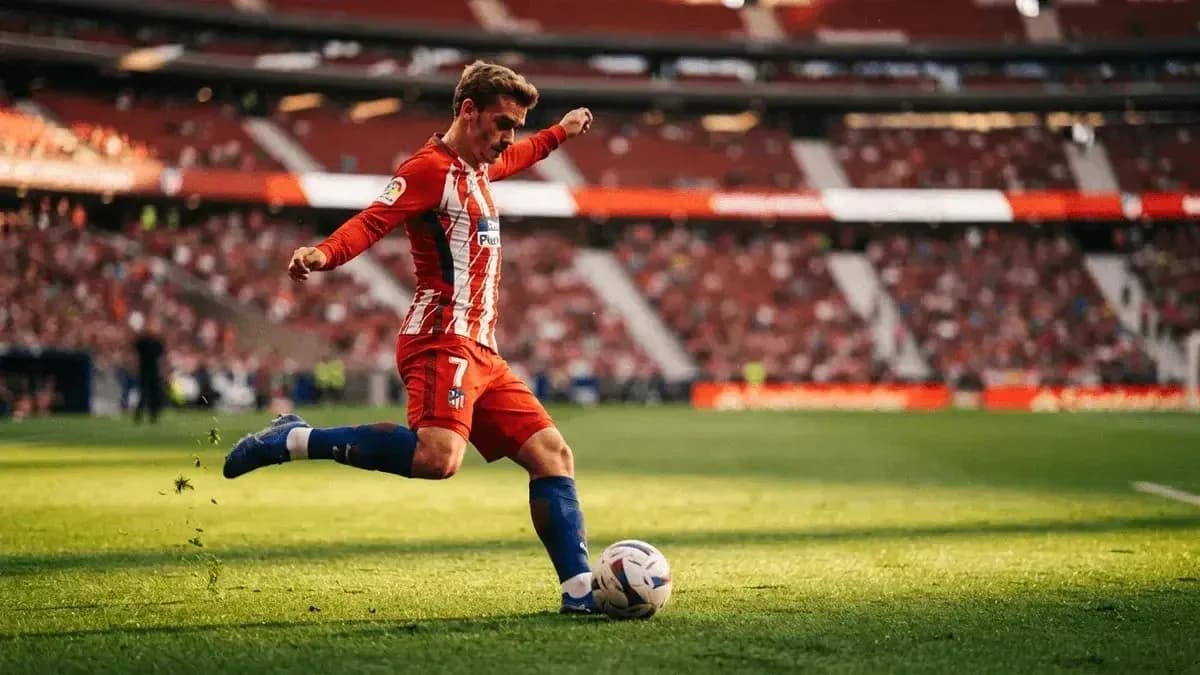 Jugador del Atlético de Madrid chutando el balón