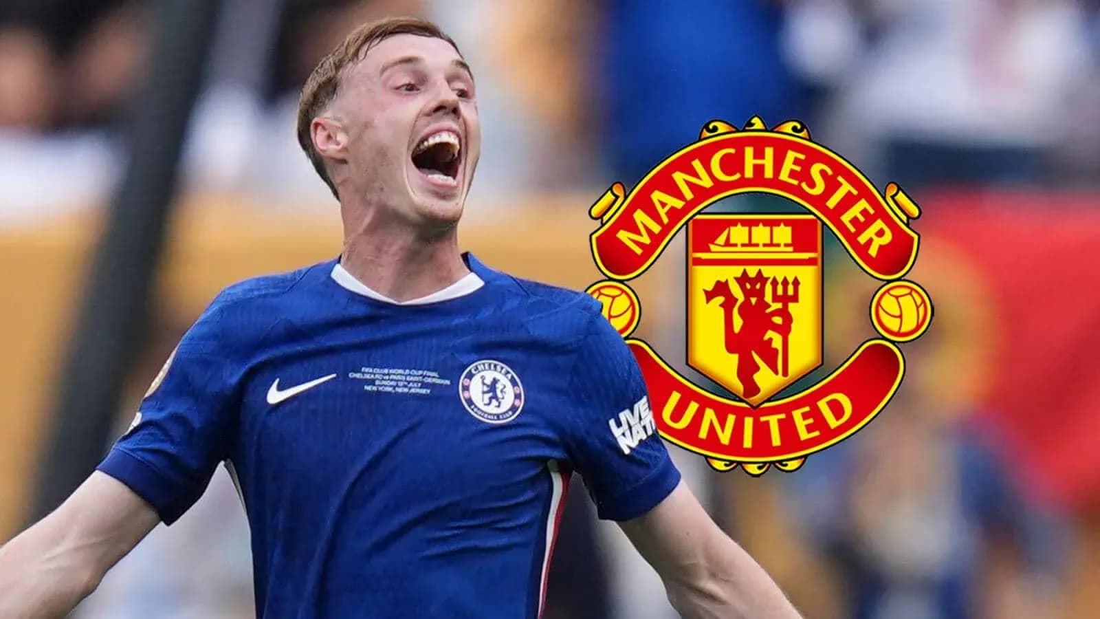 Jugador de Chelsea celebrando con fondo de Manchester United