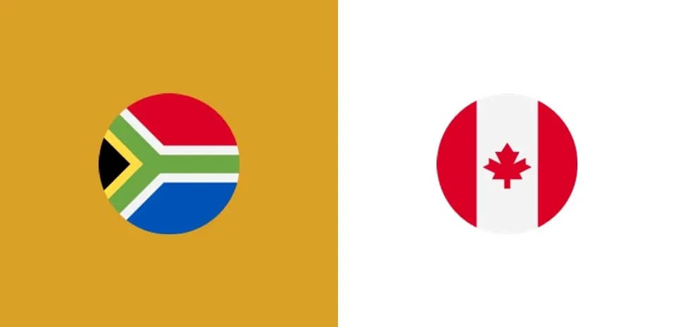 Banderas de Sudáfrica y Canadá en fondo amarillo y blanco