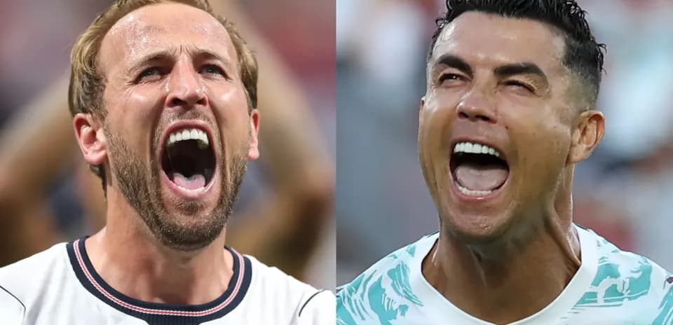 Harry Kane y Cristiano Ronaldo gritando durante el partido
