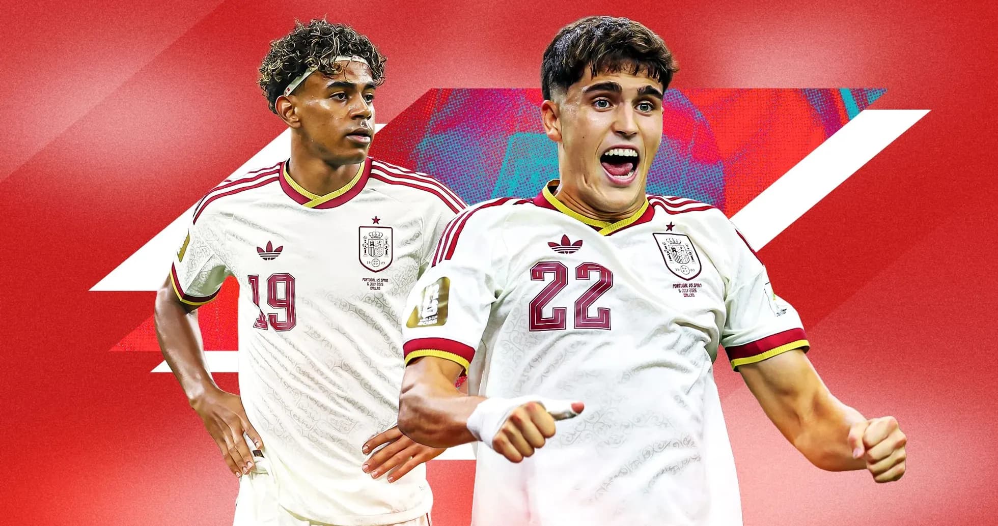 Jugadores de España celebrando en fondo rojo