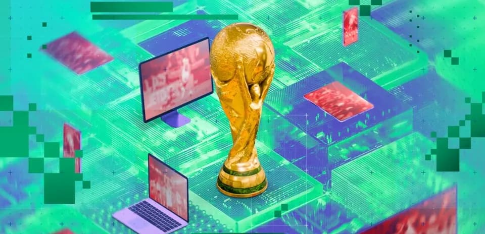 Trofeo de la Copa del Mundo rodeado de pantallas