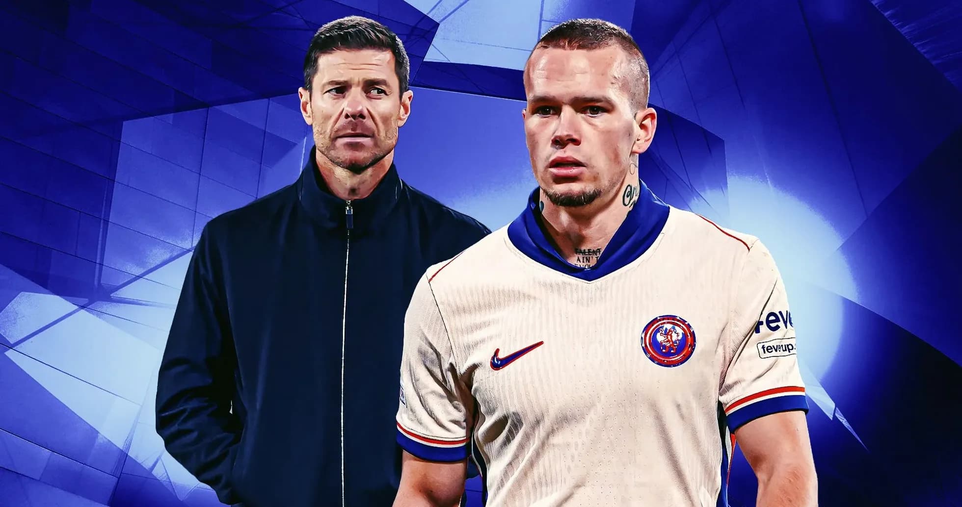 Entrenador y jugador de fútbol en fondo azul