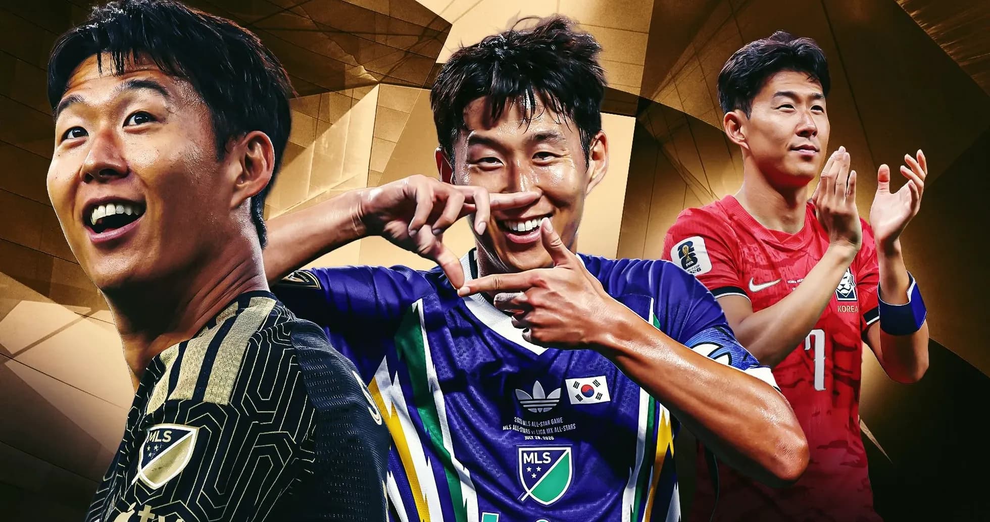 Tres jugadores de fútbol posando con camisetas de Corea