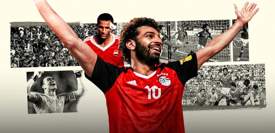 Mohamed Salah celebrando en fondo de momentos históricos