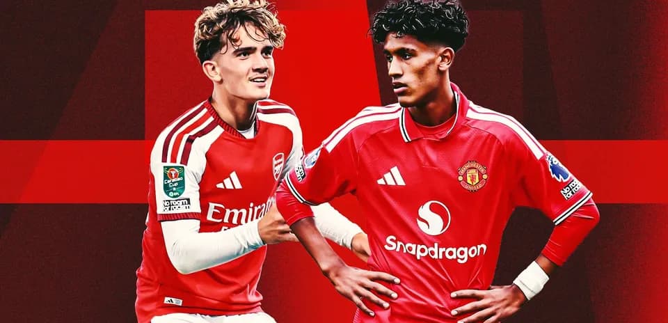 Jugadores de Arsenal y Manchester United en fondo rojo