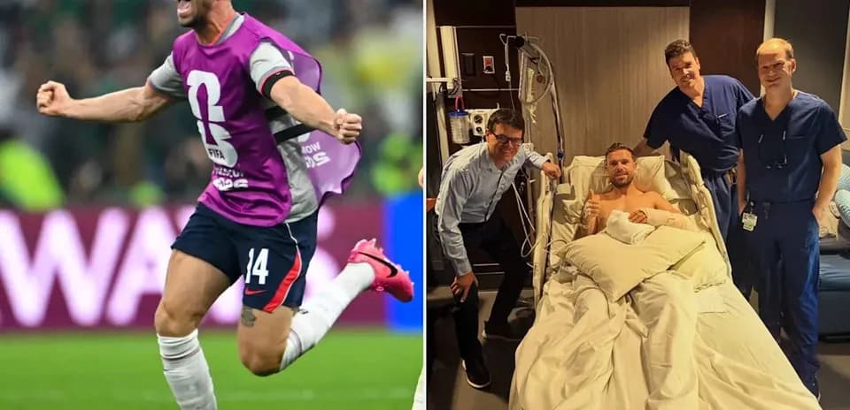 Jugador celebrando un gol y hospitalizado con médicos