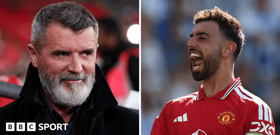 Roy Keane y Bruno Fernandes en el estadio