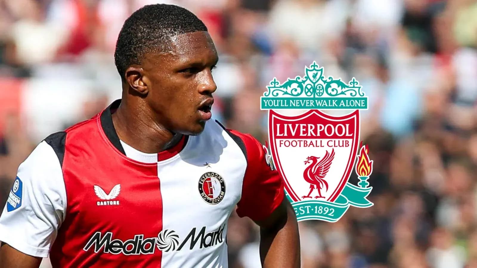 Jugador de Feyenoord con logo de Liverpool de fondo