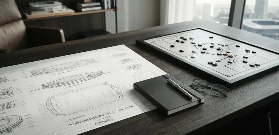 Planos de estadio y tablero de tácticas en mesa