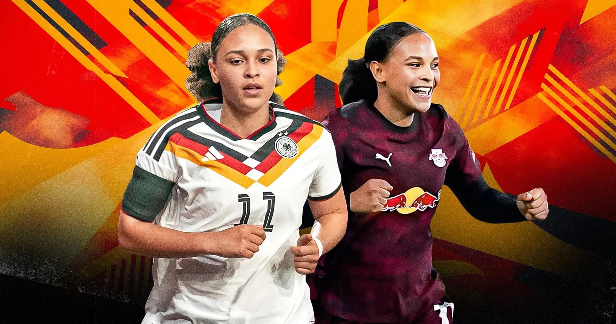 Jugadoras de fútbol con uniformes de Alemania y Red Bull