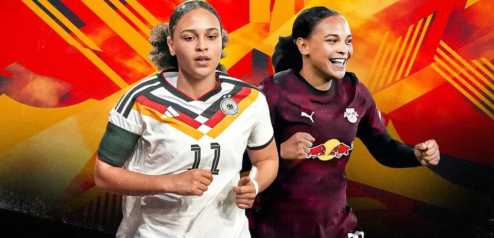 Jugadoras de fútbol con uniformes de Alemania y Red Bull
