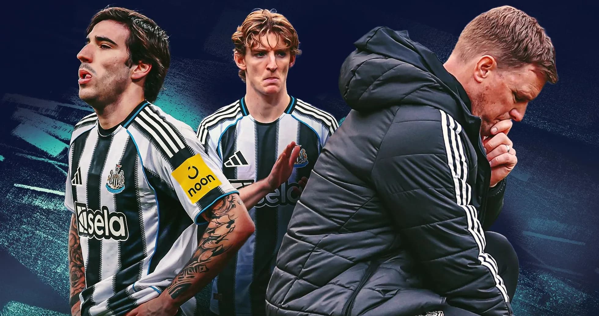 Jugadores de Newcastle y entrenador en el banquillo