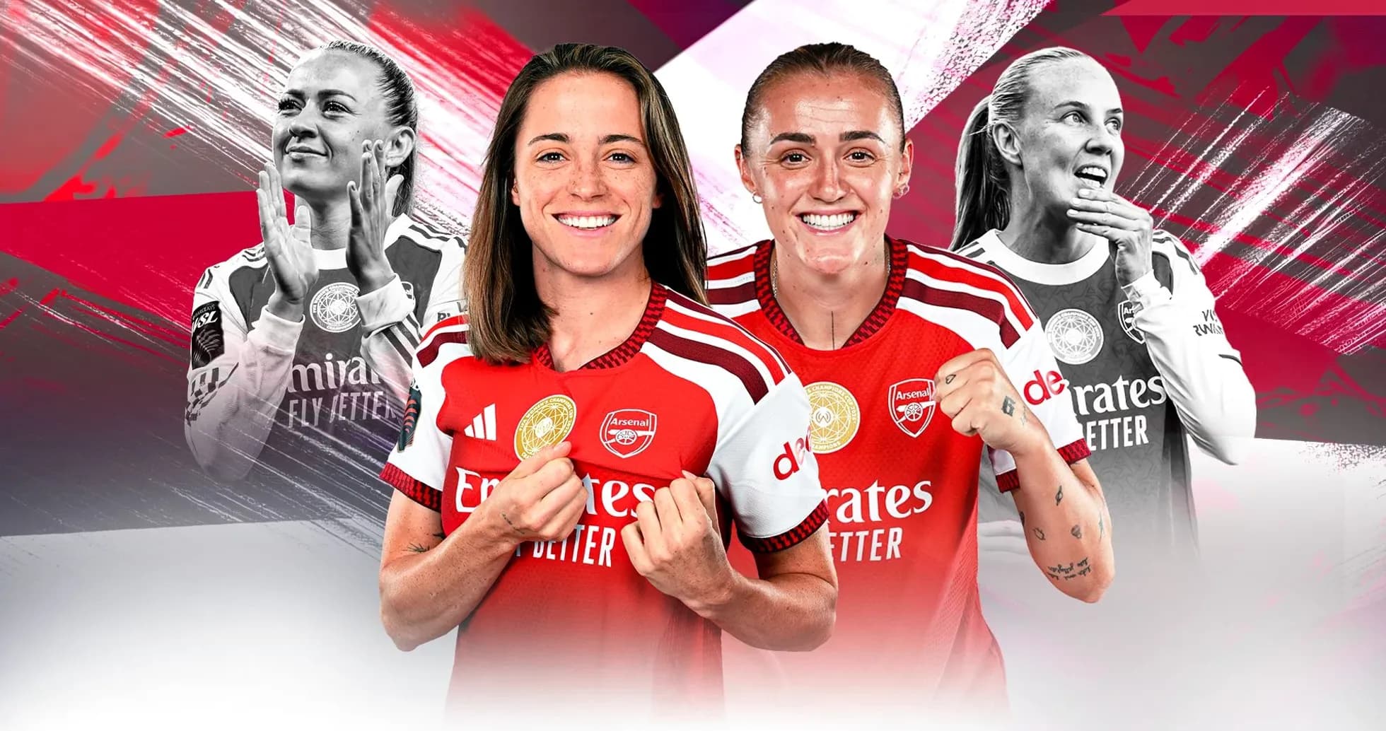 Jugadoras de Arsenal posando en camisetas del equipo