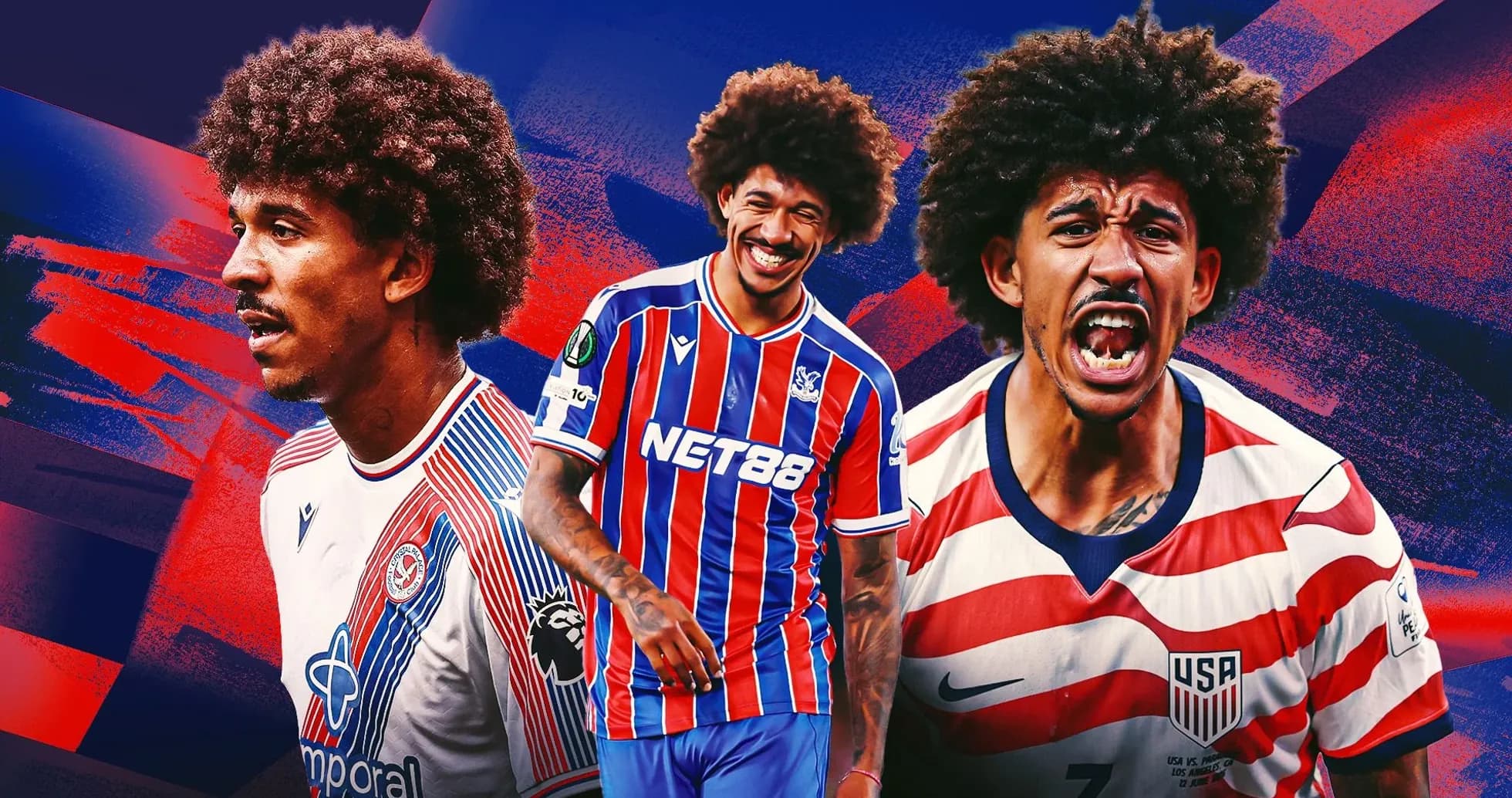 Jugador de fútbol con camiseta de Estados Unidos y equipo local