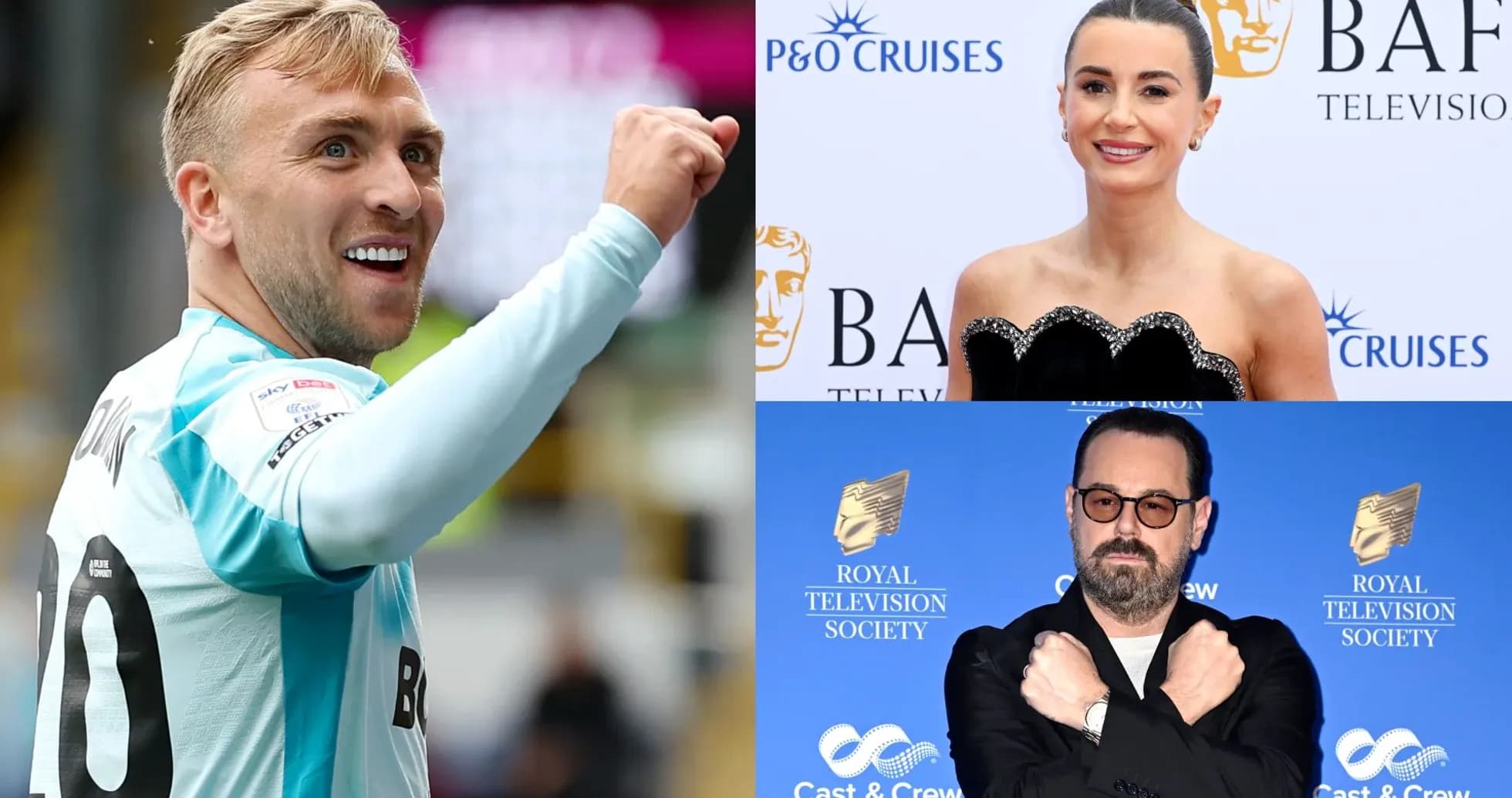 Jugador celebrando, mujer en evento y hombre posando