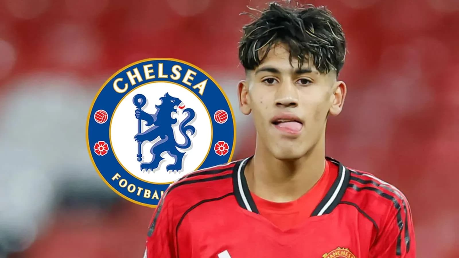 Jugador con camiseta de Manchester United y logo de Chelsea
