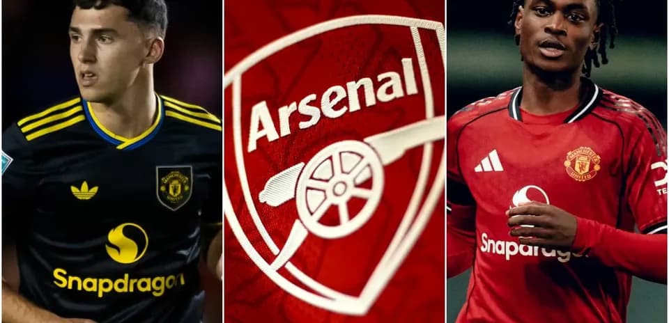 Jugadores de Arsenal y Manchester United junto al logo