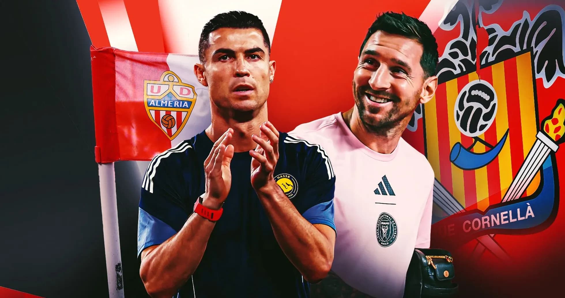 Cristiano Ronaldo y portero en fondo de banderas