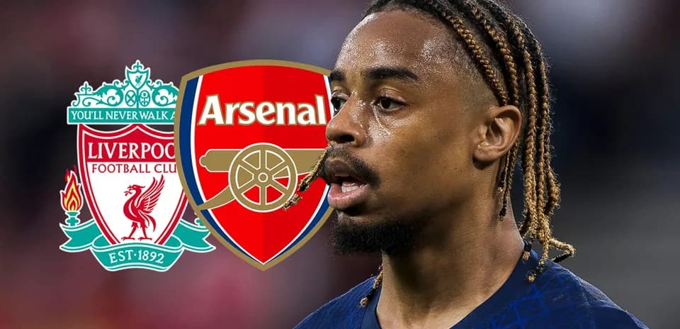 Jugador con trenzas frente a logos de Liverpool y Arsenal